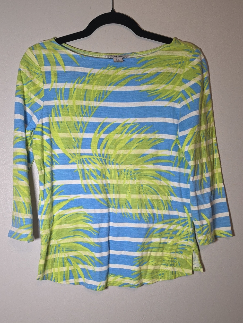 Tommy Bahama Blue & Lime Green Striped Palm-Print Long Sleeve Top